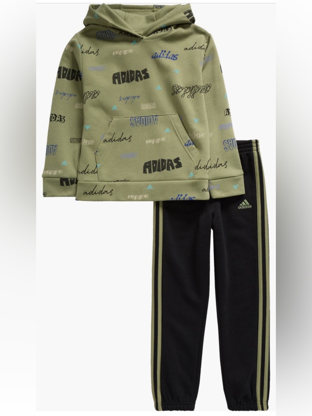 adidas Olive Graphic Hoodie with Black Track Joggers Set Sz 3T